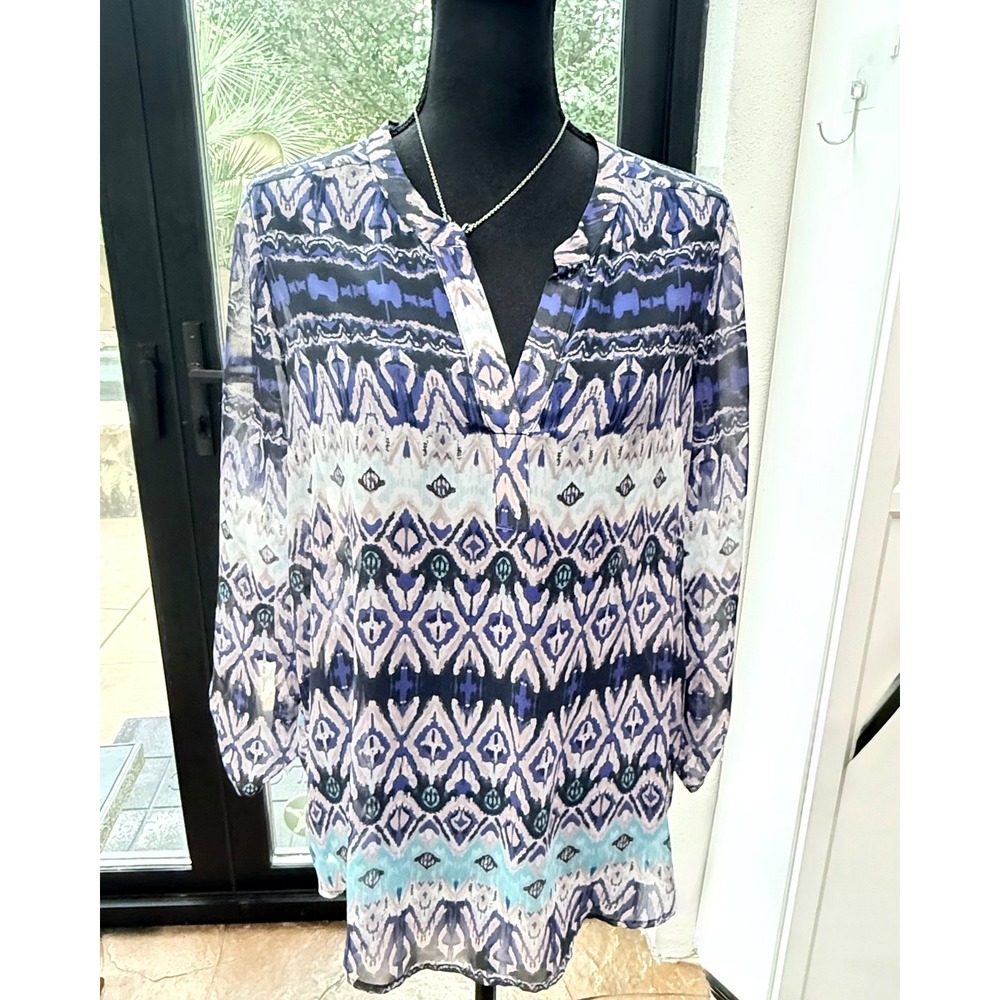 Daniel Rainn Geometric Print Tunic Blouse Size L Blue Purple Roll Tab Sleeve